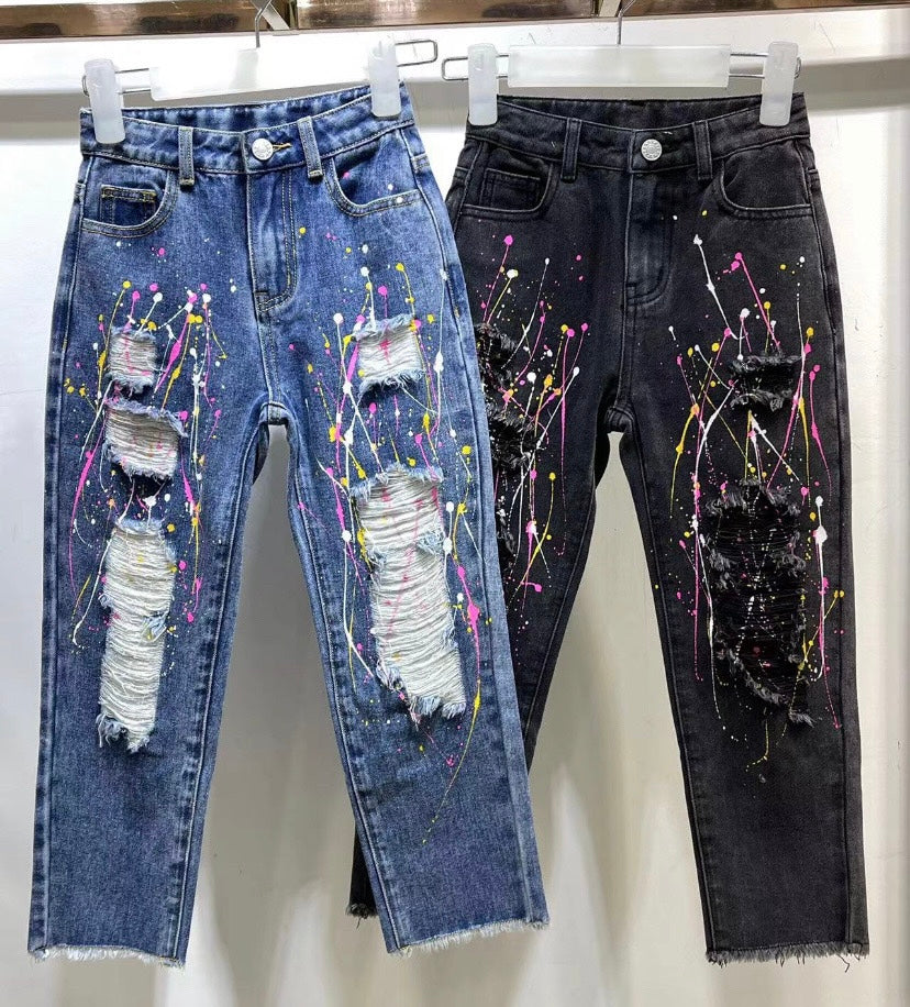 Distressed spetter jeans